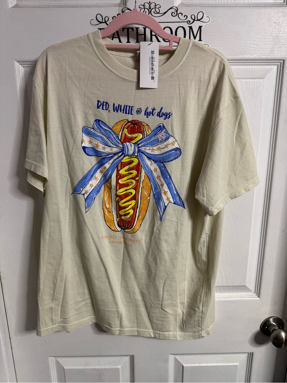 Simply Southern Cream Short Sleeve Tee with Red & Blue Hot Dog Graphic